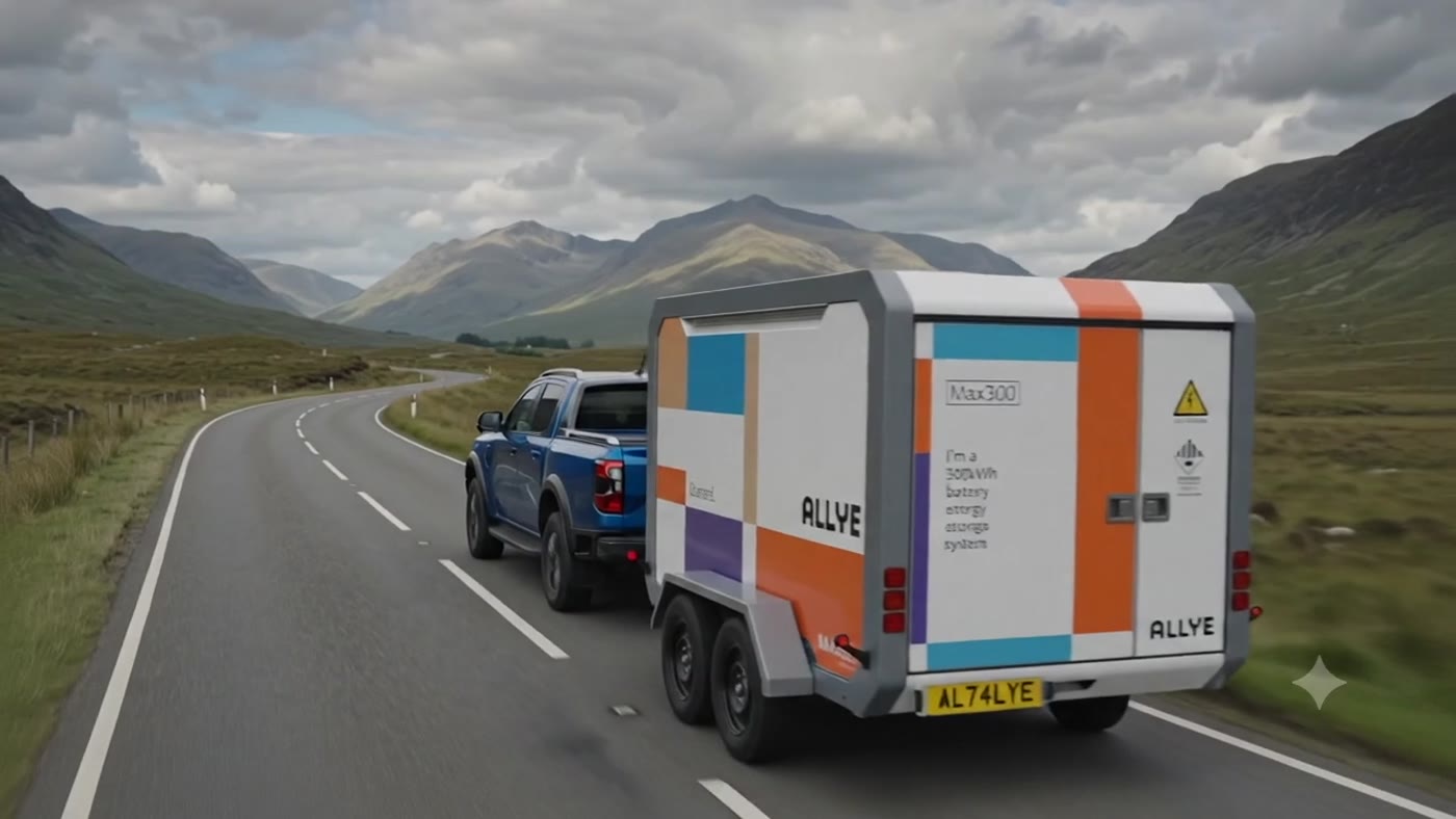Pickup truck towing an Allye MAX300 trailer on a mountain road