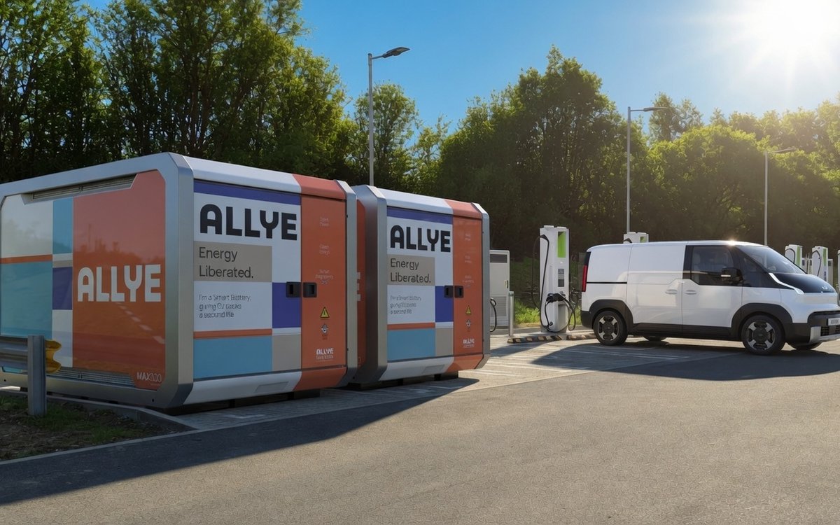 Two Allye MAX300s buffering satellite EV chargers at a depot