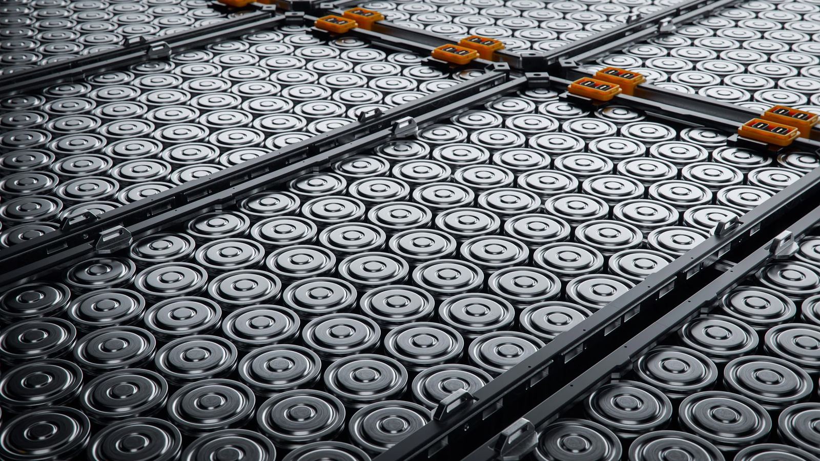 Rows of cylindrical lithium-ion cells inside an EV battery module