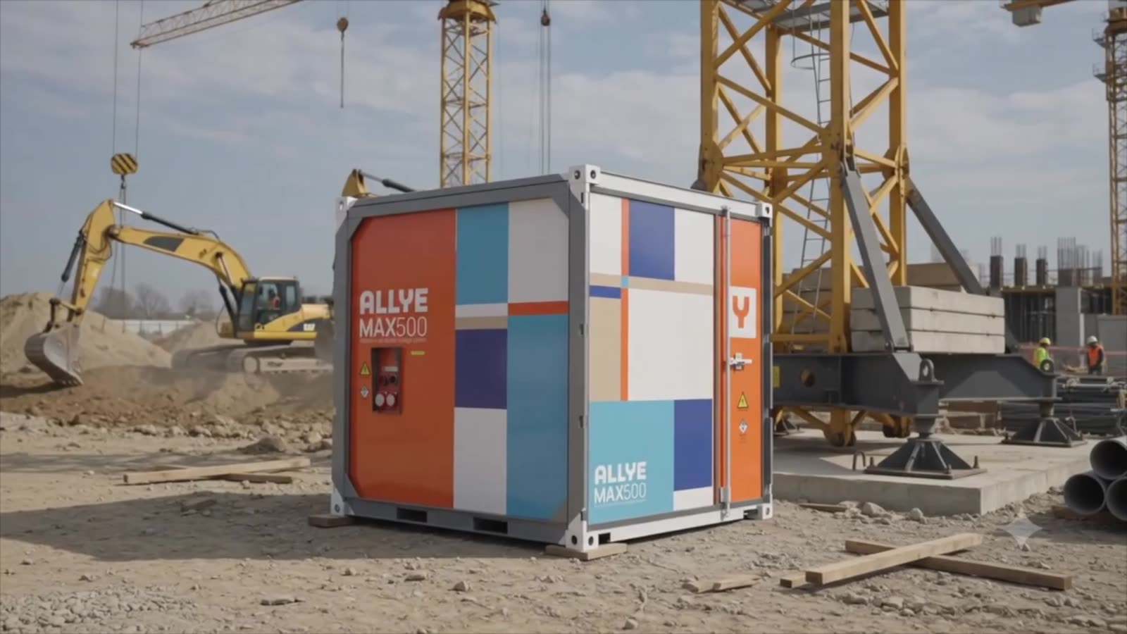 Allye MAX battery unit on a construction site beside excavators and a tower crane
