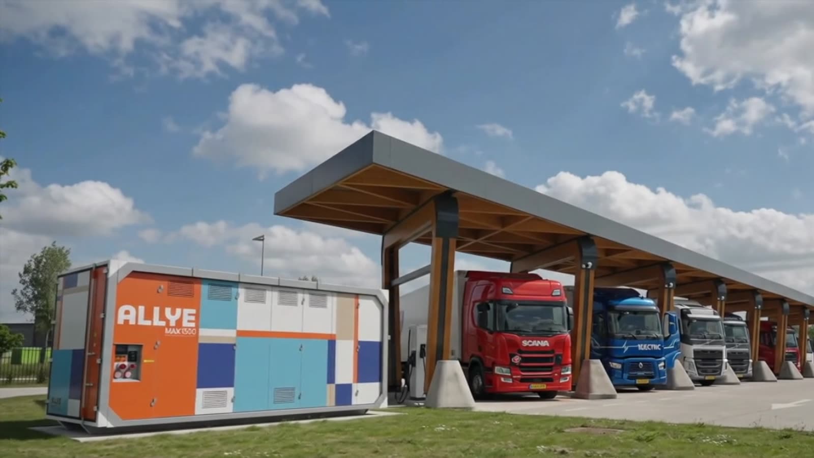 Allye MAX battery storage beside a truck charging canopy at a depot